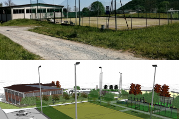 Vista del pluriuso dal livello sopraelevato che ospita i campi sportivi.